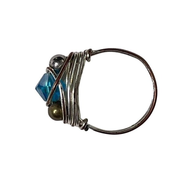 Silver Wire Wrapped Ring With Blue Glass Bead Metallic Accents u - Picture 4 of 4